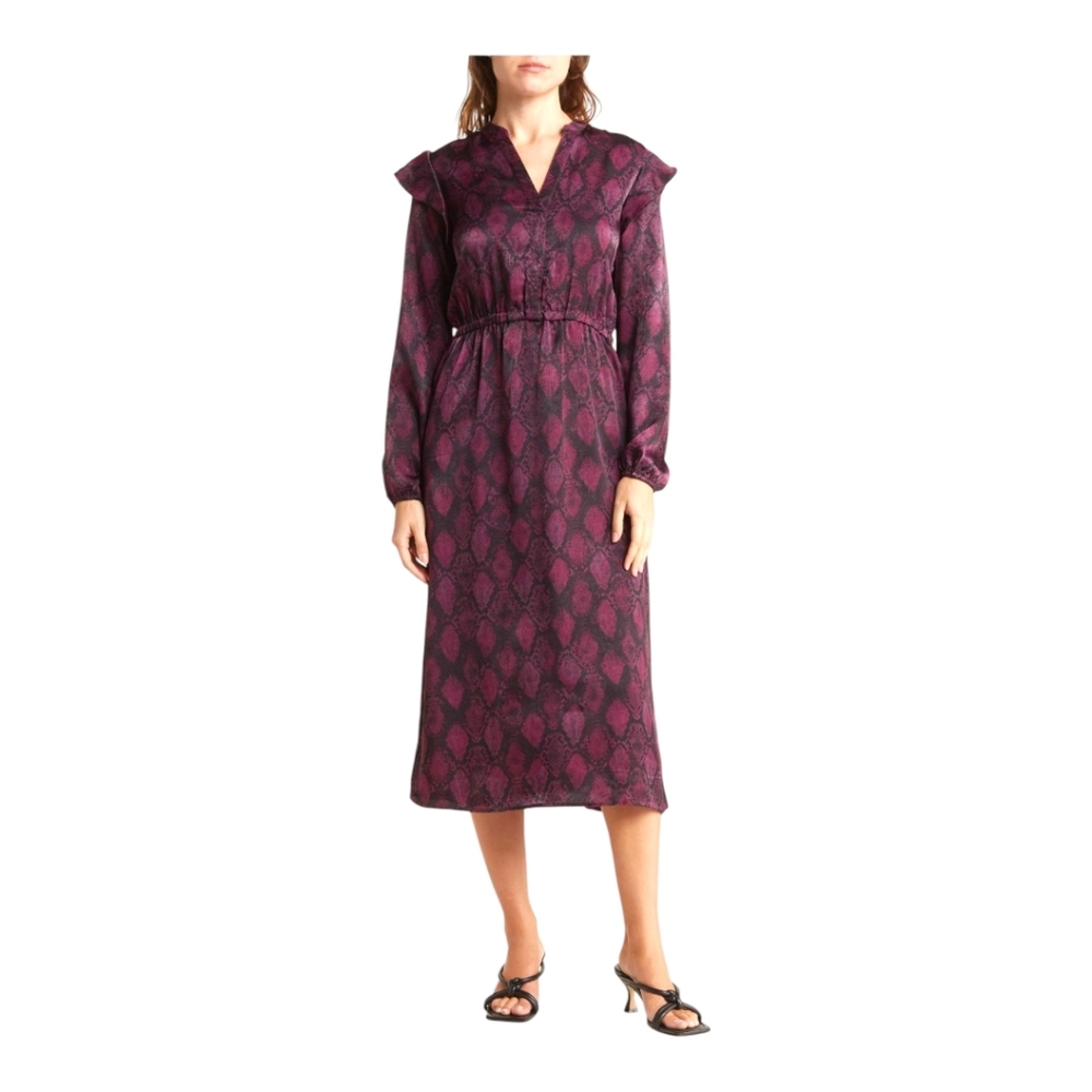 NWT Bobeau Snake Print Ruffle Long Sleeve Midi Dress large